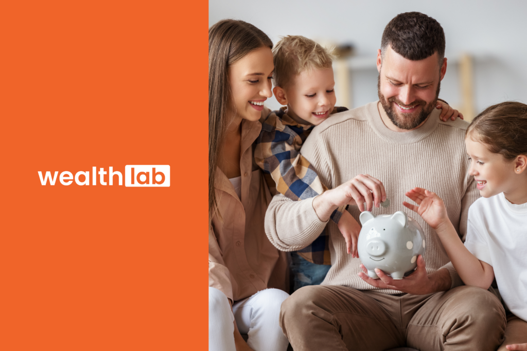 A family saving money together with a piggy bank, representing Wealthlab's approach to family wealth building and the goal of becoming a millionaire.